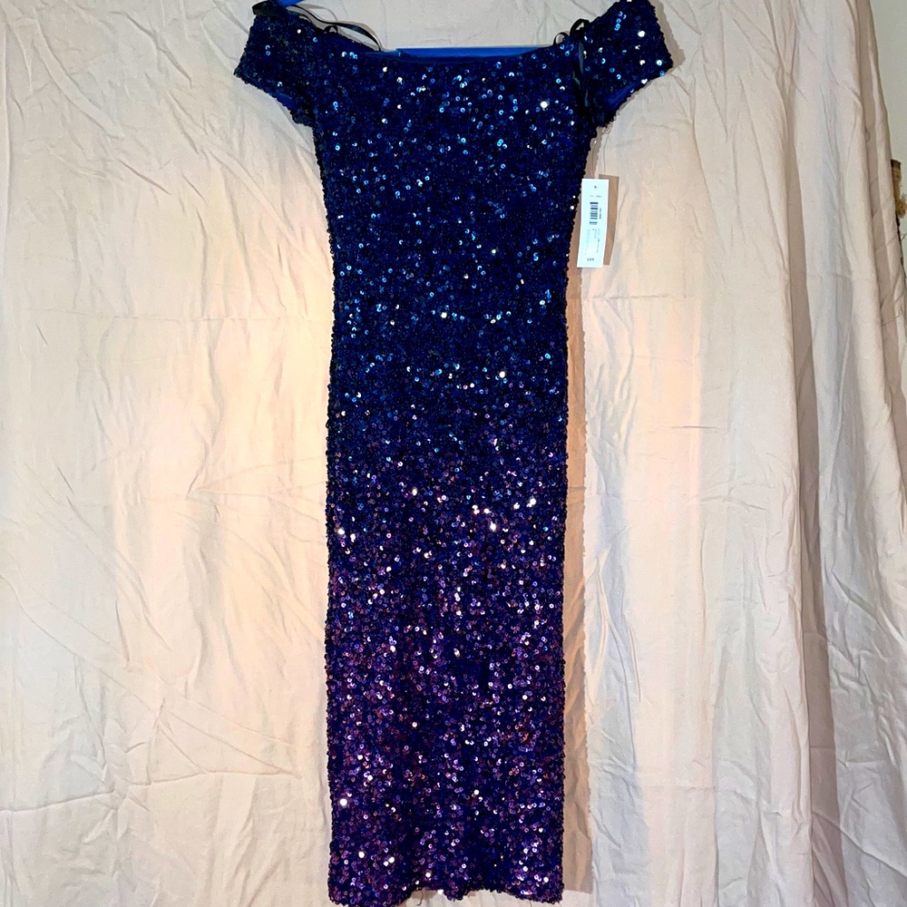 Ombré Sequin Midi Cocktail Off Shoulder Dress